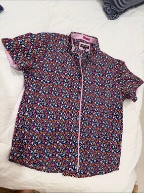 Men's Short-Sleeve Button-Up Shirt in Navy Flamingo Print JOHNSON AND MURPHY
